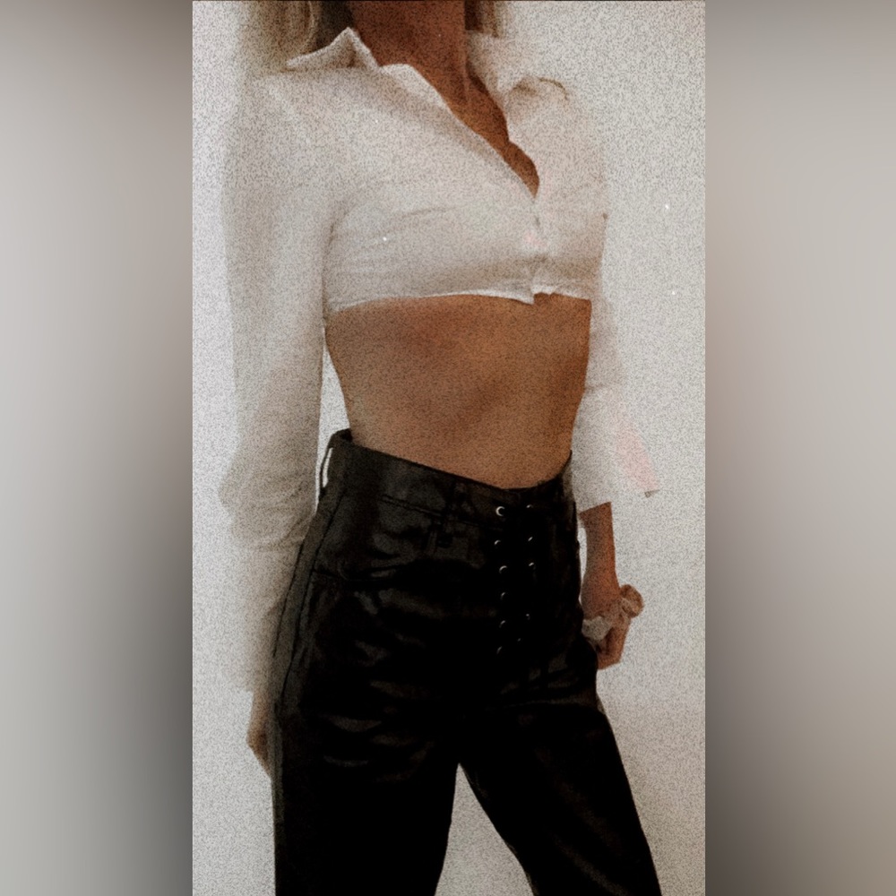 NWT, Black Lace front, Split Hem, shiny coated jeans